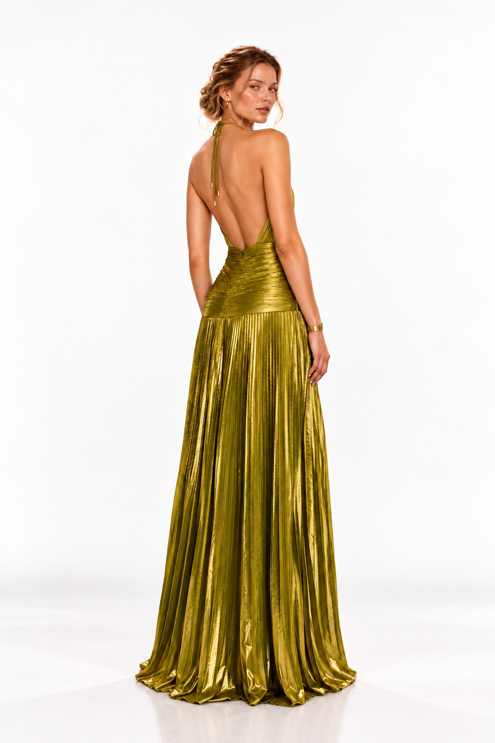 Metallic Pleated Halter Maxi Dress – Green