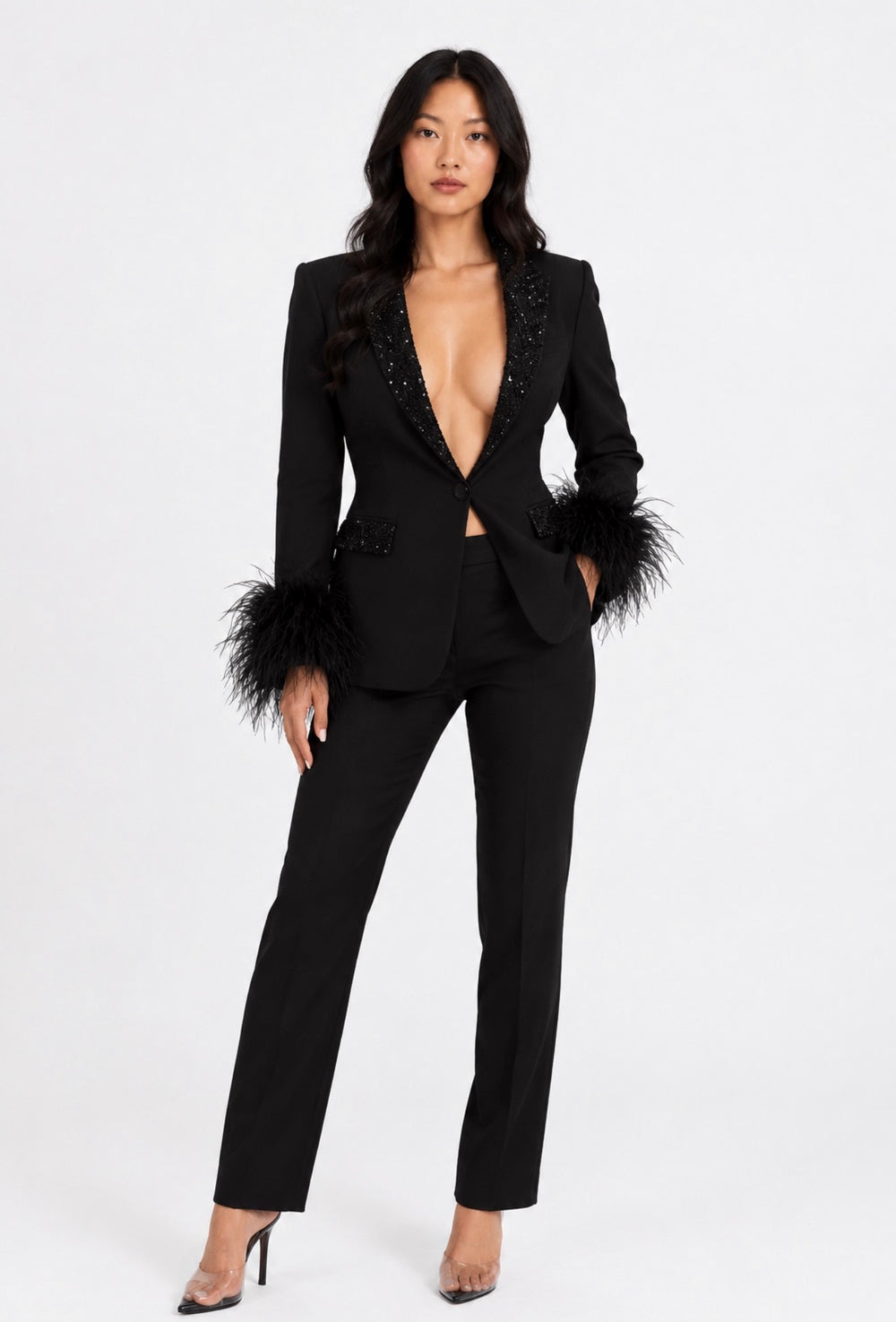 Clarissa Embellished Feather Blazer Suit Set by Nova Luxe – front