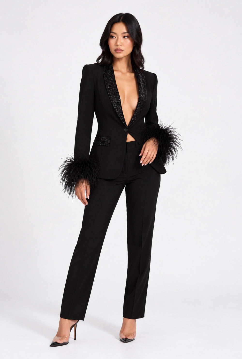 Clarissa Embellished Feather Blazer Suit Set by Nova Luxe – front